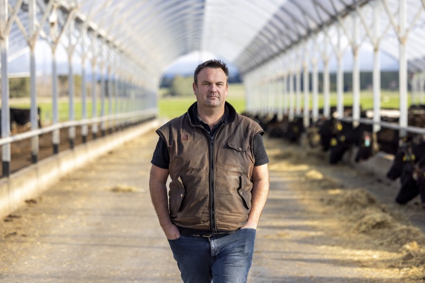 Farmer stoji u prolazu moderno uređene staje s kravama koje jedu s obje strane